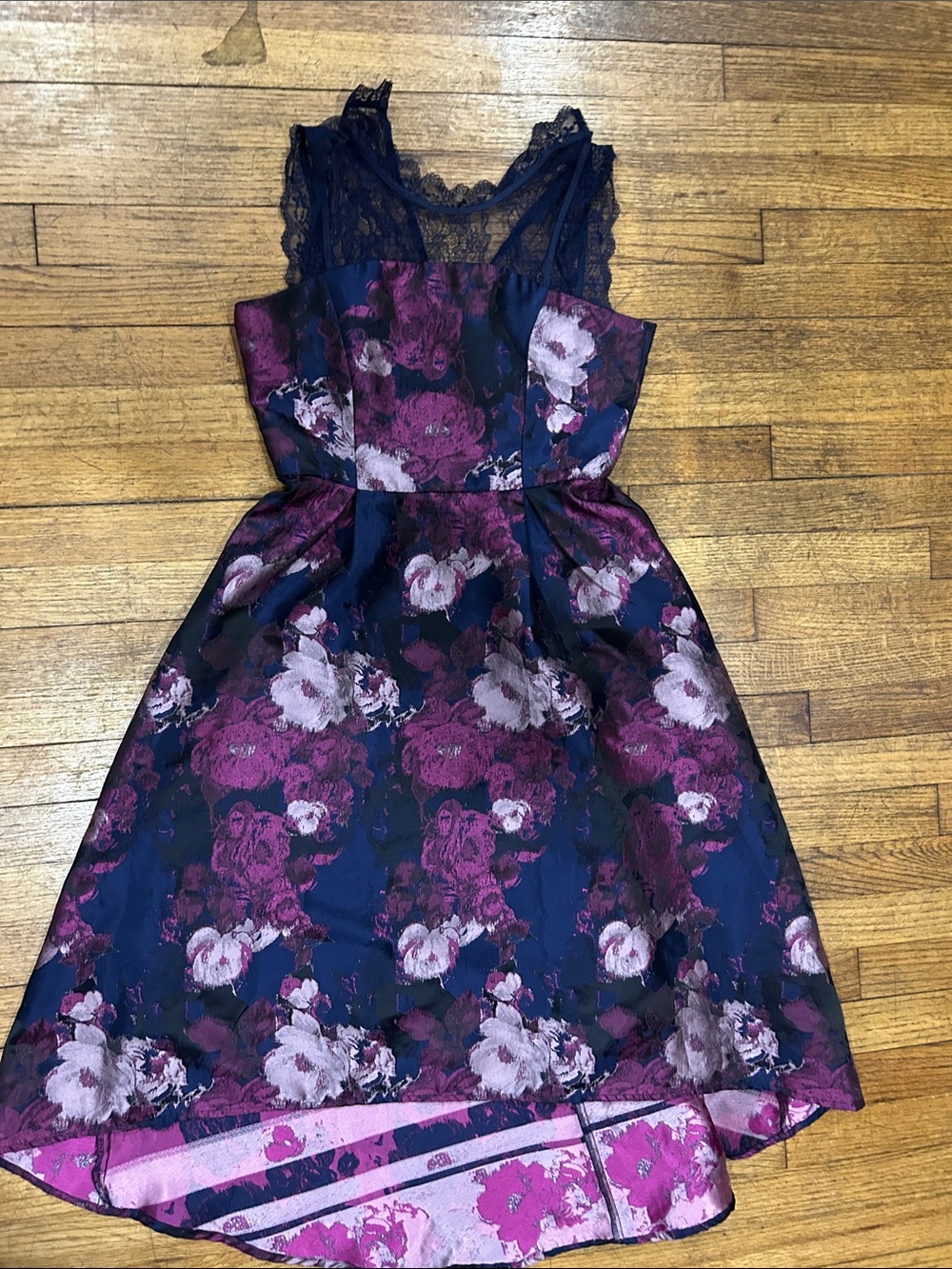 Junior Rare Editions Navy Floral High-Low Dress with Magenta Accents